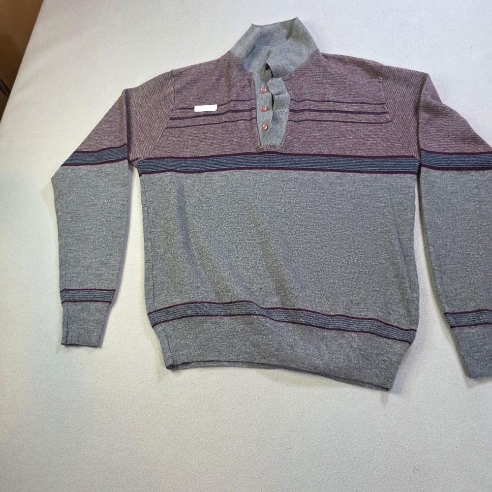 Vintage Esteem Mens Henley Mock Neck Striped Knit Sweater Grey Burgundy Large